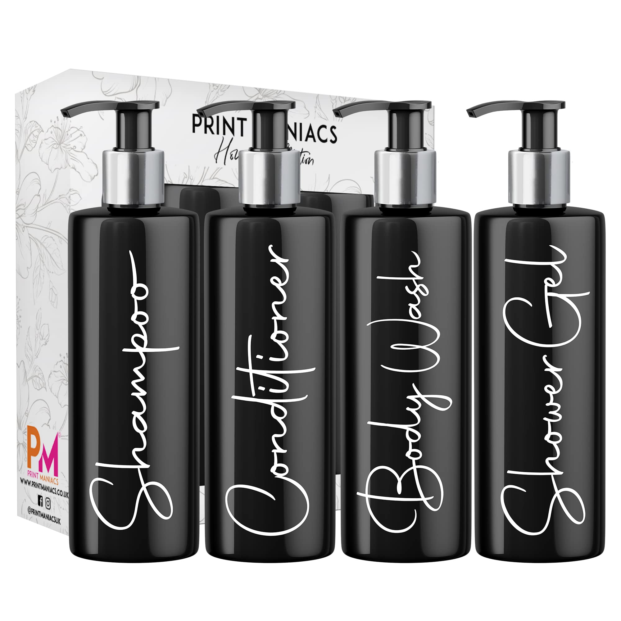 Print Maniacs Mrs Hinch Inspired Black Personalised Dispenser Silver Pump Bottles Shower Gel set, F2 (White)