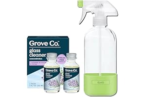 Grove Co. Glass Cleaner, Refill Concentrate (2 x 1 Fl Oz) + 1 x Reusable Glass Spray Bottle (16 Oz) Plant-Based Cleaning Supplies Bundle, No Plastic Waste, 100% Natural Lavender & Thyme Fragrance