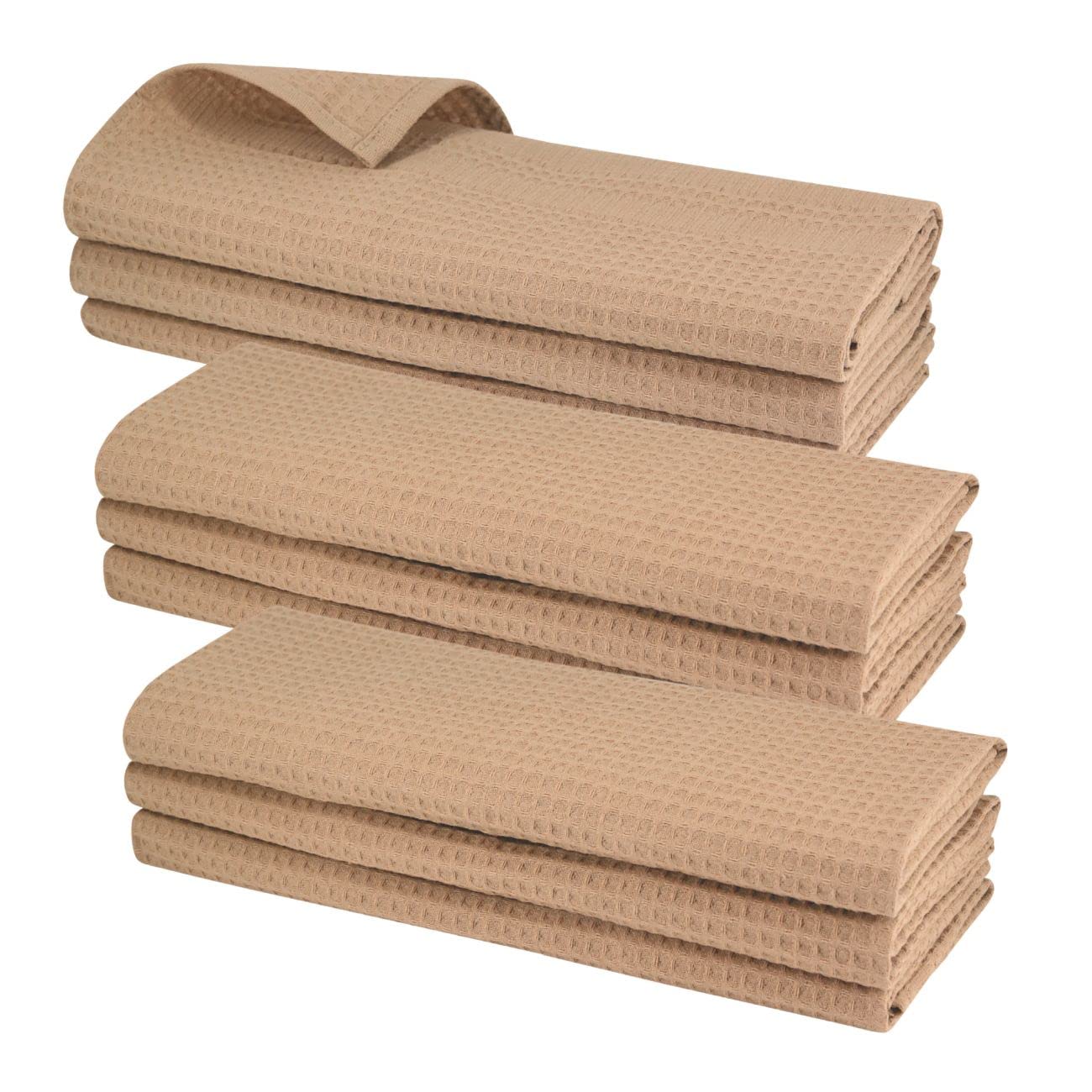 Gariella - Set of 9 Tea Towels, Kitchen Towels, Light Brown, 100% Cotton, Cleaning Cloth with Hanger, 70 x 50 cm, Waffle Pique, Catering Quality, Waffle Pattern, Absorbent, Robust