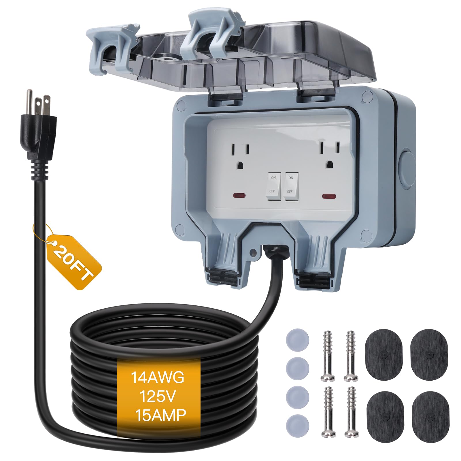 Photo 1 of STARELO Outdoor Power Outlet with 20FT Extension Cord, IP66 Waterproof Outdoor Wall Power Socket with Cover, 125V 15Amp 2-Gang Switched Wall Plug Socket Box with Switch On-Off and LED Indicator