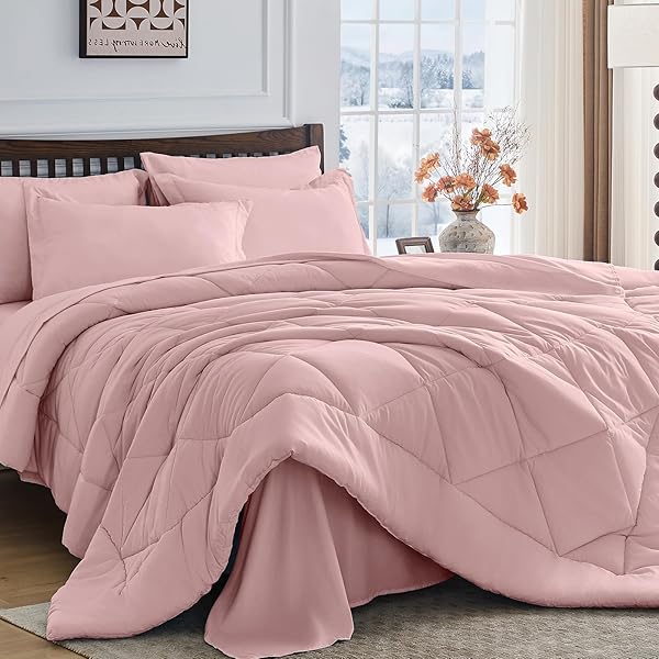 HEVUMYI DUSTY PINK FULL COMFORTER SET – 7-PIECE...