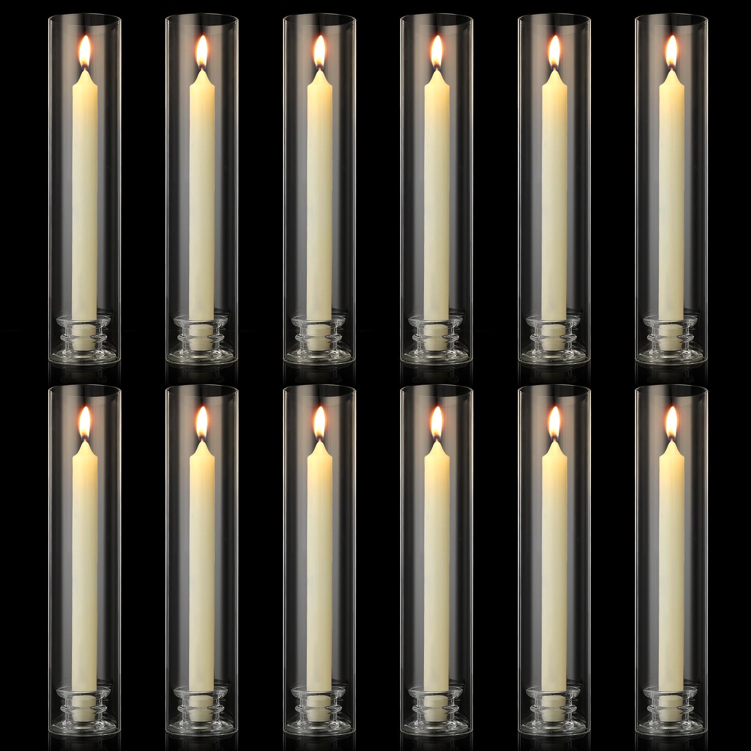 Photo 1 of 12 Sets Modern Candle Stand with Chimney Cover Taper Candle Holders Glass Hurricane Candle Holder for Tapered Candles 12inch Large Crystal Candlestick Holder Stand with Cylinder Sleeves for Wedding