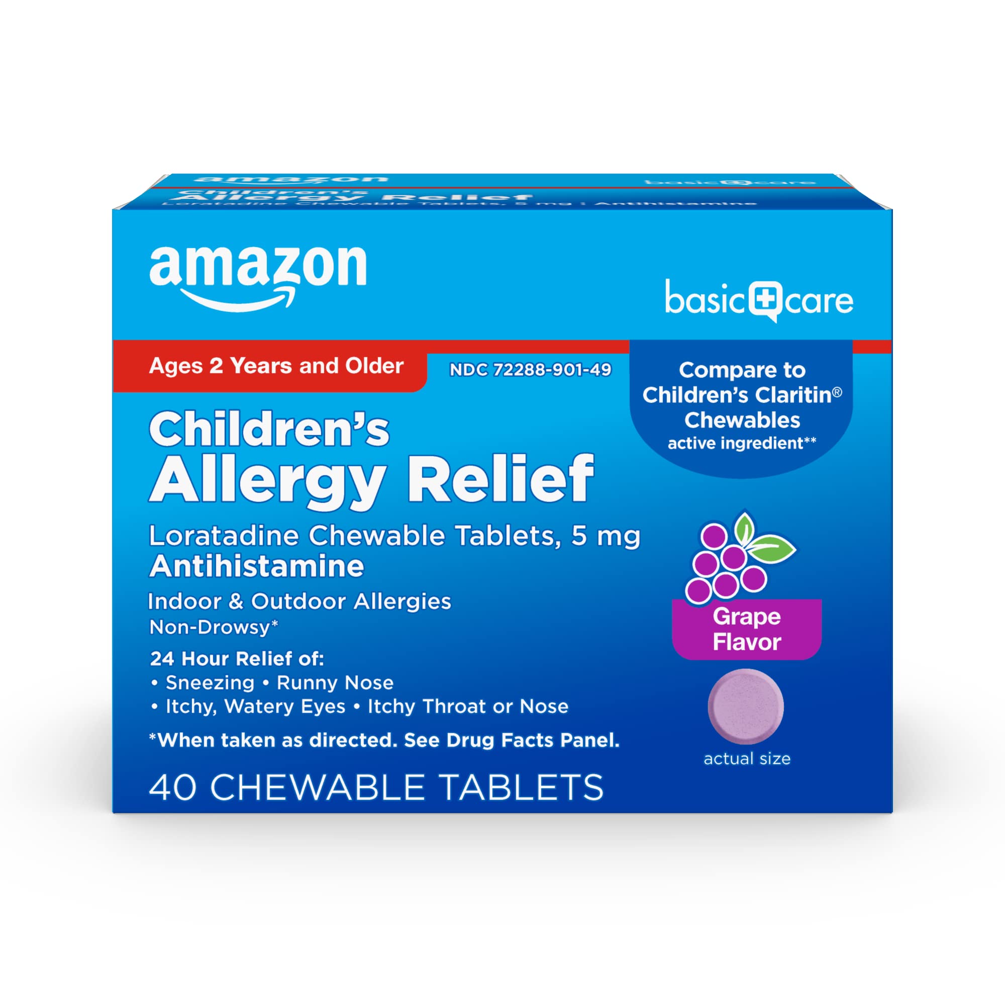 Amazon Basic Care Children's Allergy Relief, Loratadine Chewable Tablets, 5 mg, 24 Hour Medicine