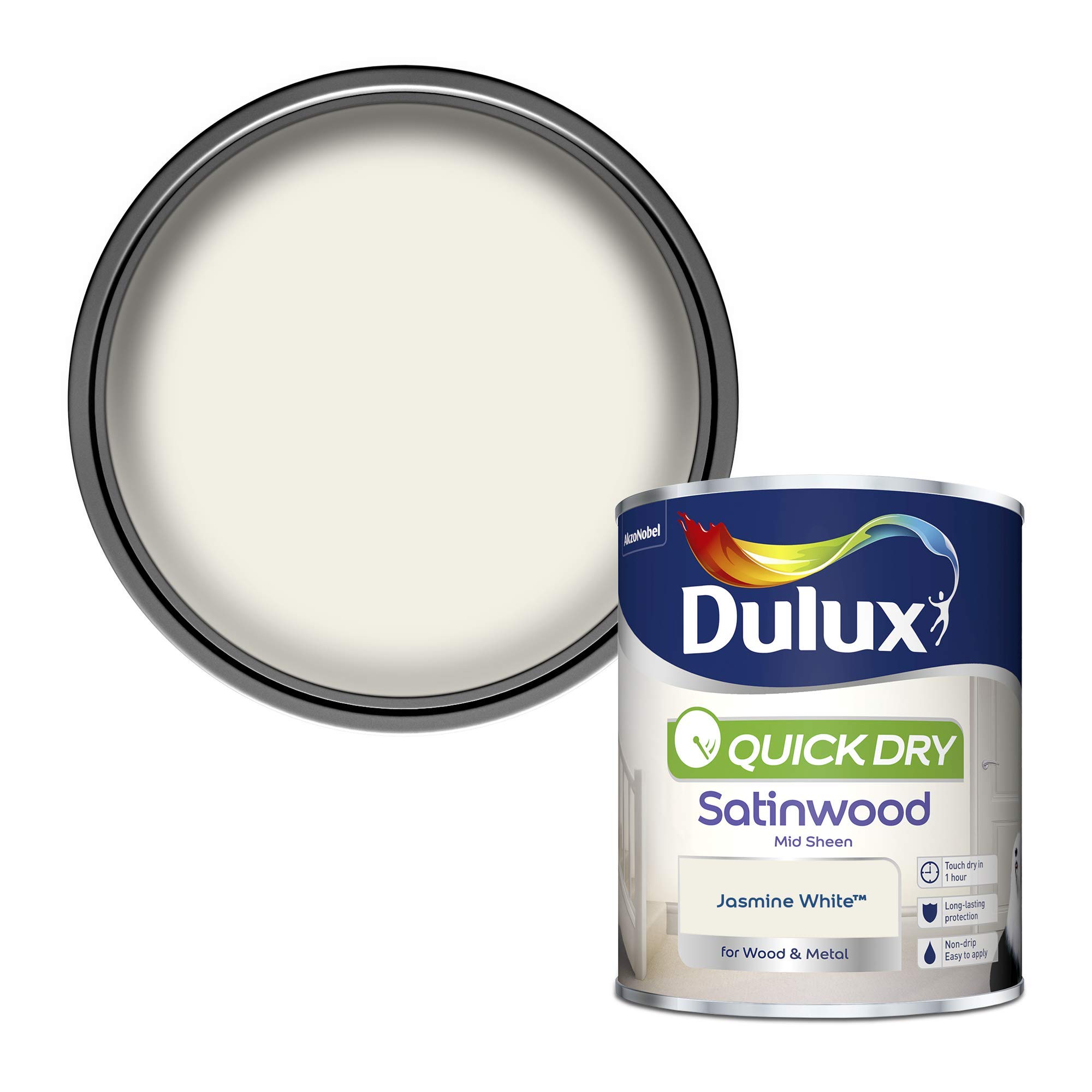 Dulux Quick Dry Satinwood Paint For Wood And Metal, Jasmine White, 750 ml
