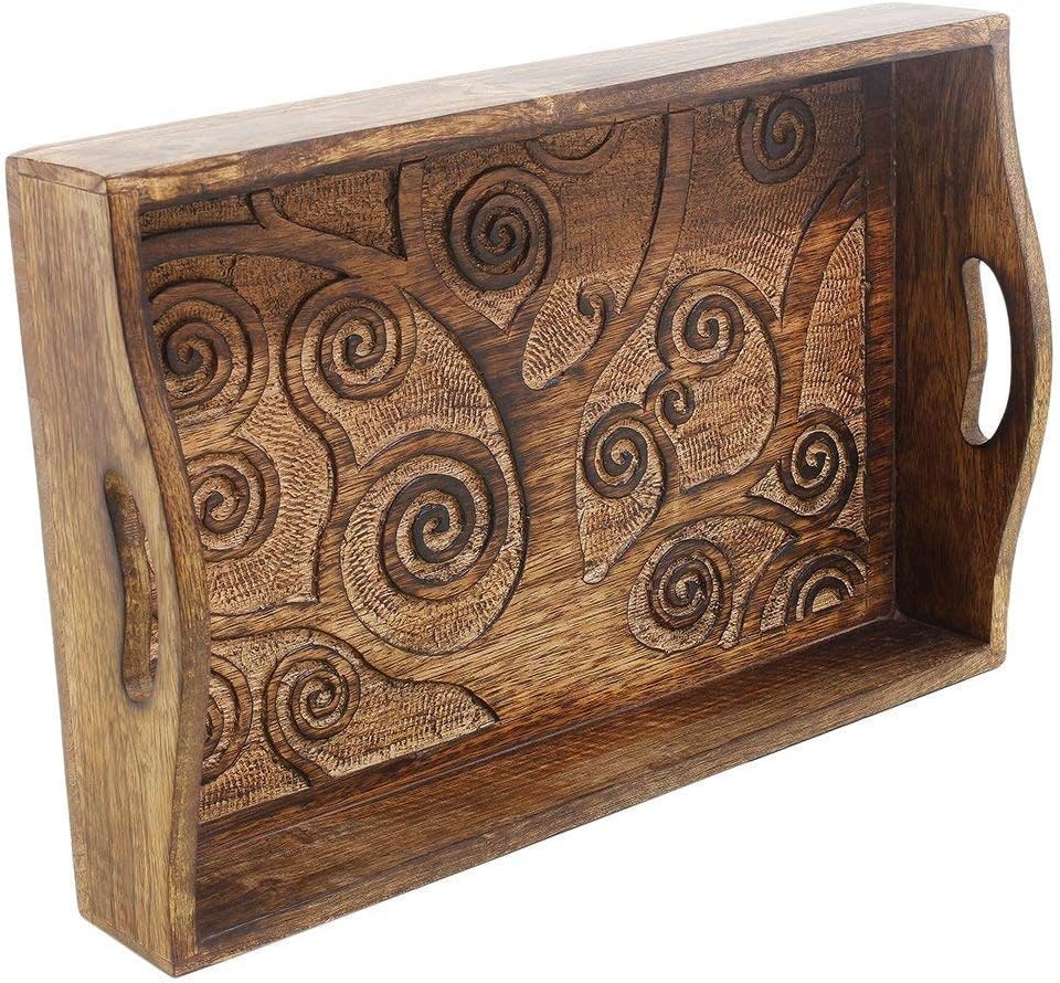 Ajuny Indian Handcrafted Rectangular Mango Wooden Decorative Serving Tray Platters with Handle Hand Carved Tree of Life Design - Image 3