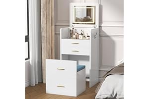 Lilvduybz 3-in-1 Makeup Vanity Desk, Modern Integrated Corner Makeup Table Set, Adjustable LED Light Dressing Table with Draw