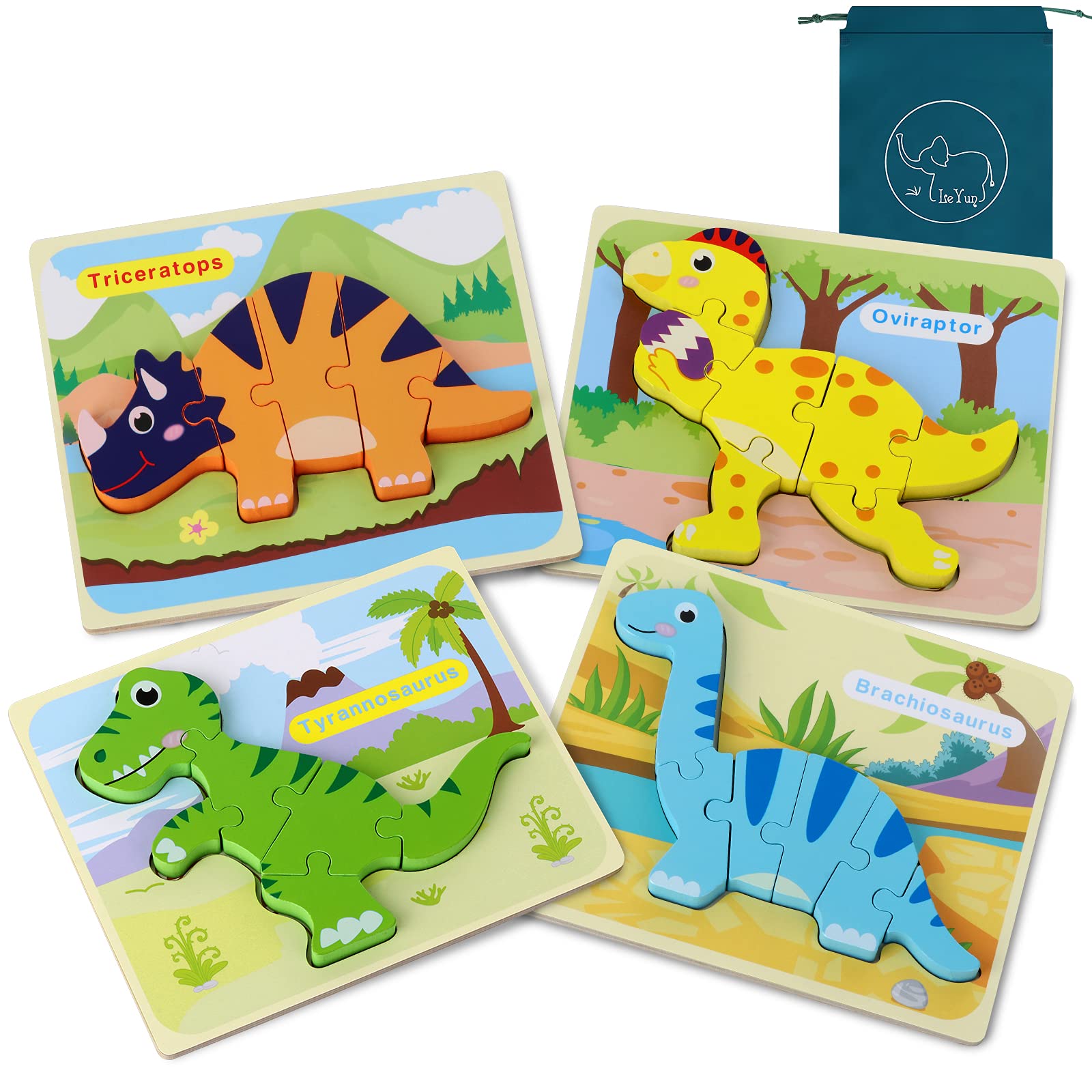 Dinosaur Toys for Boys, Dinosaurs Wooden Chunky Puzzles Montessori Toddler Game Set for Kids Age 1 2 3 4 5 Year Old Boys and Girls，3D Animal Wood Peg Jigsaw Toys 4Pcs with Drawstring Bag