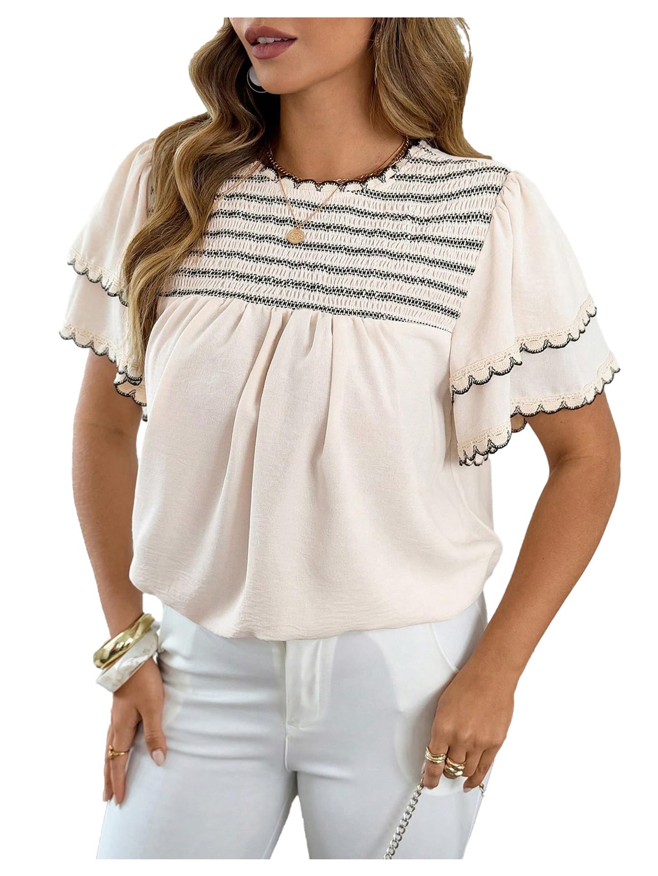 Photo 1 of Verdusa Women's Plus Size Layered Ruffle Short Sleeve Blouse Crew Neck Elegant Shirt Tops Apricot 4X-Large Plus