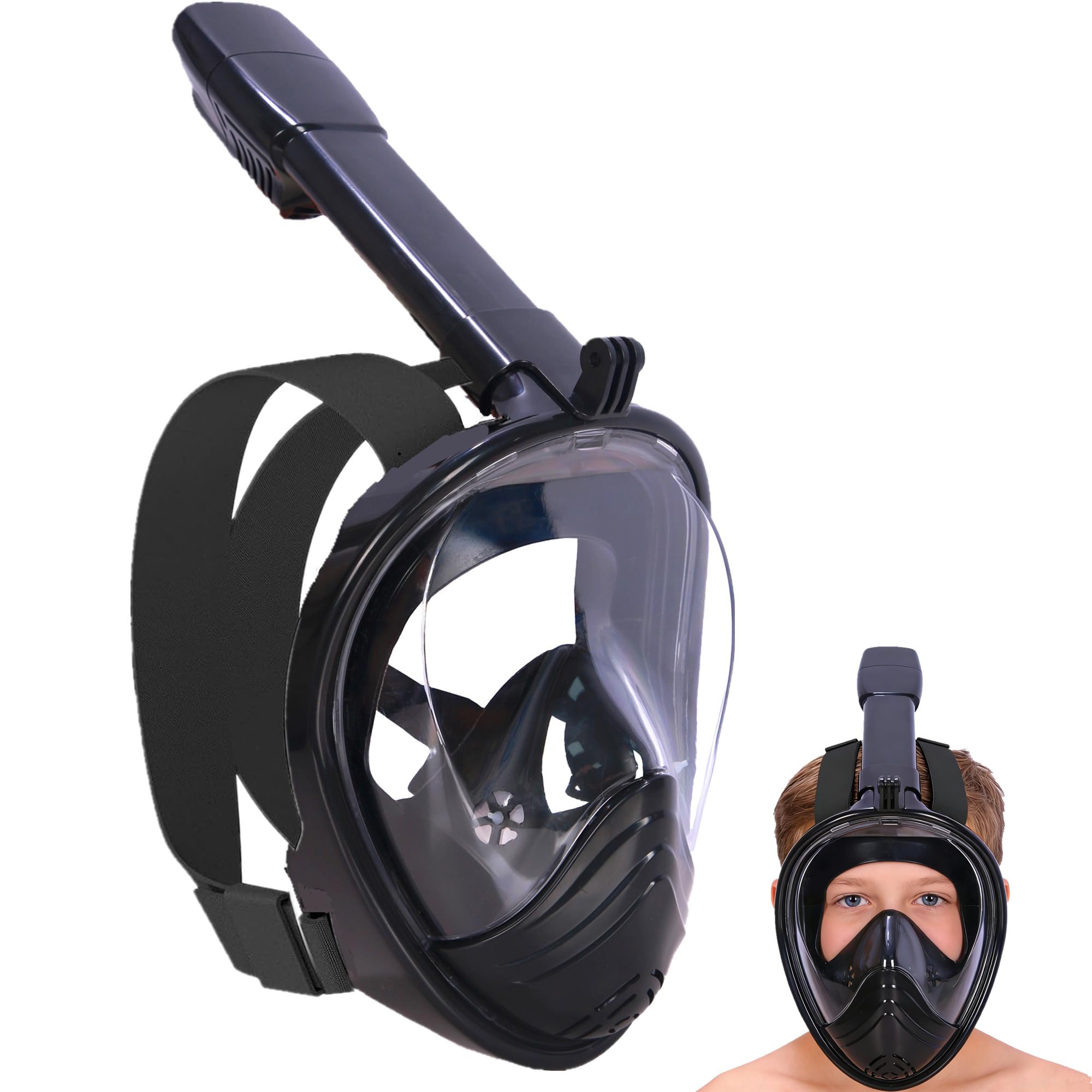 Snorkel Mask for Kids,Full Face Diving Mask Anti-Fog, Anti-Leak 180°view Design, Snorkeling Mask Set for Kids Girls Boys- Sports Camera Compatible(Black XS)