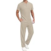 PrinStory Men's Short Sleeve Outfits Waffle Knit Henley Shirt and Pants Set Casual 2 Pieces Summer Tracksuits with Pockets
