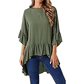 Seta T Women's High Low Tops Bell 3/4 Sleeve Crewneck Casual Ruffle Asymmetrical Hem Loose Fit Blouse