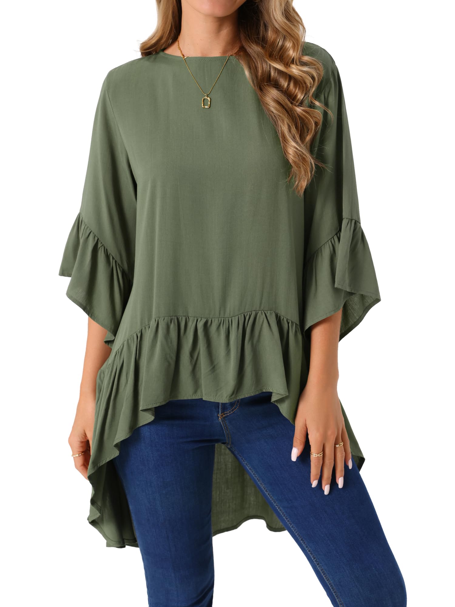 Photo 1 of Seta T Women's High Low Tops 3/4 Bell Sleeve Round Neck Keyhole Back Casual Ruffle Hem Asymmetrical Blouse X-Large Army Green