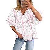 Cicy Bell Womens Summer Babydoll Tops V Neck Short Lantern Sleeve Shirts Cute Loose Fit Floral Flowy Blouses