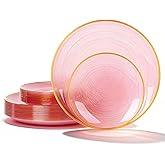 N9R 60PCS Pink Plastic Plates with Gold Rim – 30 Dinner & 30 Dessert Plates, Circular Ribbed Design, Elegant Disposable Plates for Weddings, Events, Banquets, Special Occasions (Translucent Pink)