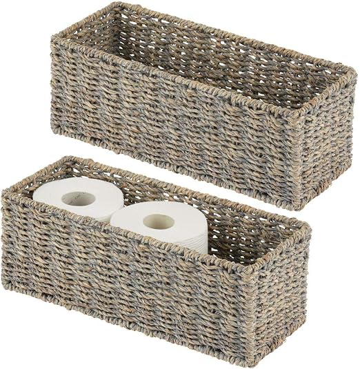 Amazon Com Mdesign Natural Woven Seagrass Bathroom Storage Organizer Basket Bin Use On Bathroom Vanity Countertop Toilet Tank Top Stackable For Toilet Paper 2 Pack Gray Home Kitchen