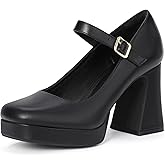 IDIFU IN4 Platform Mary Jane Shoes Women's Pumps High Chunky Square Closed Toe Block Heels Ankle Strap Work Wedding Prom Comfortable Dress Shoes Dressy Cute Heels