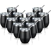 COMOOO 12oz Stainless Steel Wine Tumbler with Lid and Straw, Double Wall Vacuum Insulated Wine Tumbler Cup, Stemless Wine Tumbler for Cold and Hot Drinks, Coffee, Wine, Cocktails, Black, 12 Pack