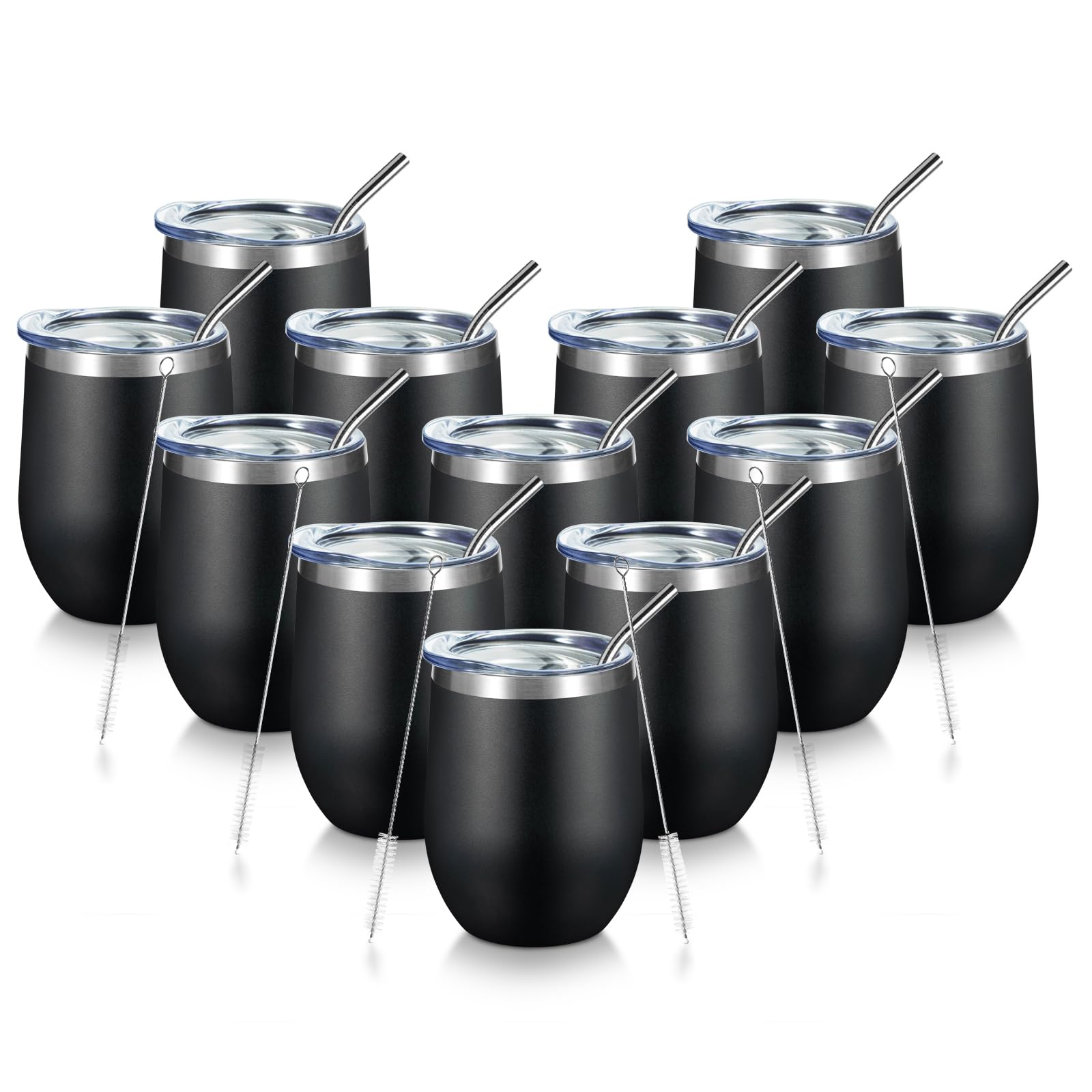 COMOOO 12oz Stainless Steel Wine Tumbler with Lid and Straw, Double Wall Vacuum Insulated Wine Tumbler Cup, Stemless Wine Tumbler for Cold and Hot Drinks, Coffee, Wine, Cocktails, Black, 12 Pack Image
