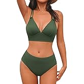 CUPSHE Women's Bikini Sets Two Piece Swimsuit Plunging Neck Textured Bathing Suit Cross Back Self Tie Mid Rise Swimwear