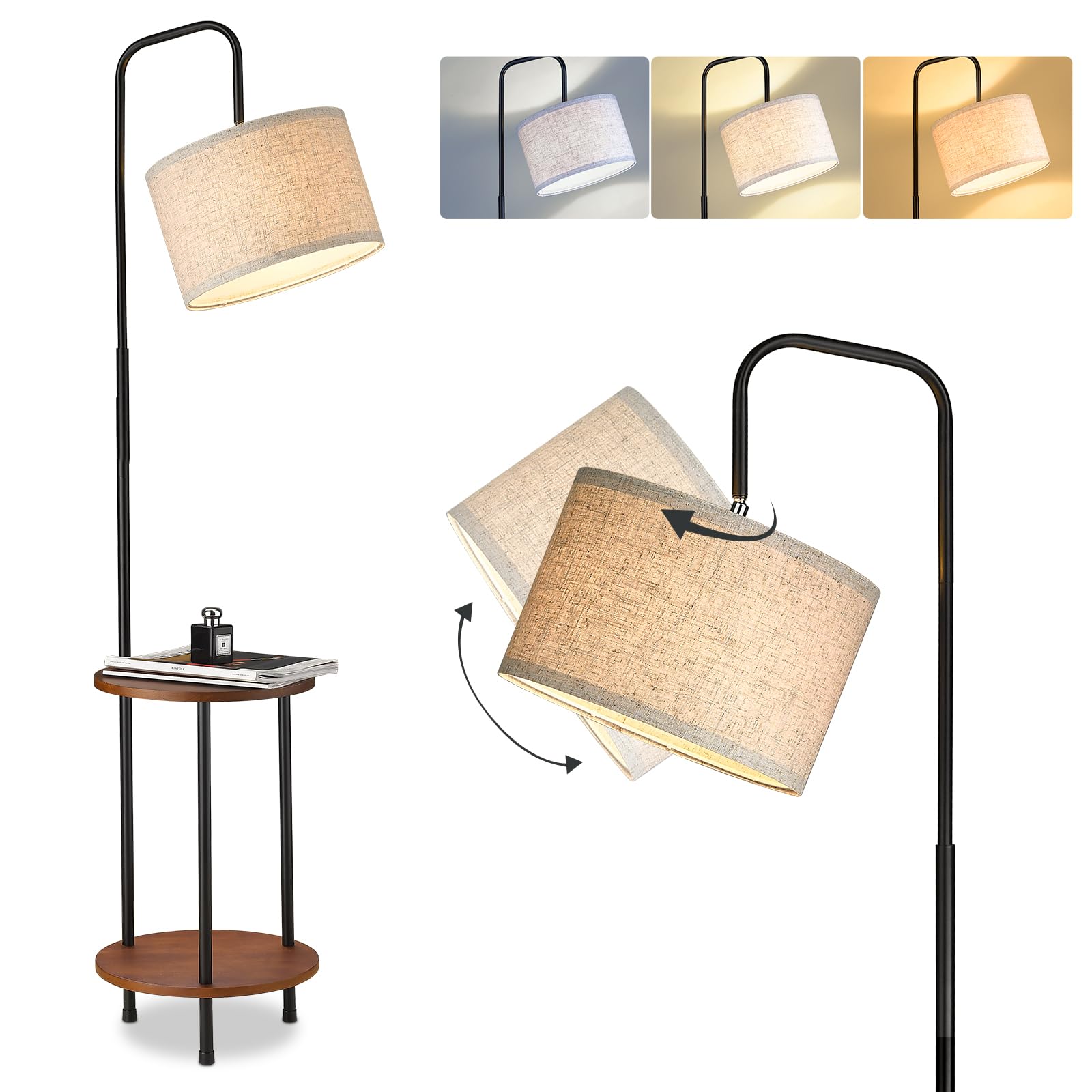 Photo 1 of ELYONA Modern Floor Lamp with End Table, 3-Color Temperatures Solid Wood Side Table Lamp with Adjustable Drum Shade, Rustic Reading Standing Light for Bedroom, Living Room, LED Bulb Included, Brown