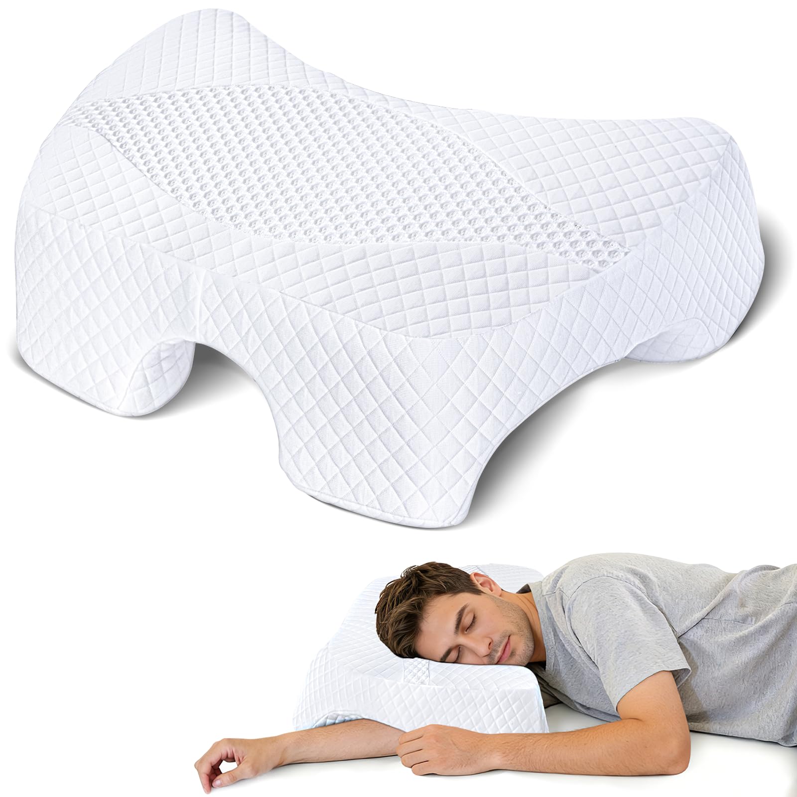 Photo 1 of SAHEYER Side Sleeper Pillow with Arm Hole, Heighten Memory Foam Pillow for Neck and Shoulder Pain Relief, Multi-Angle Armholes Pillow for Many Sleeping Positions, Ergonomic Support Pillow - White