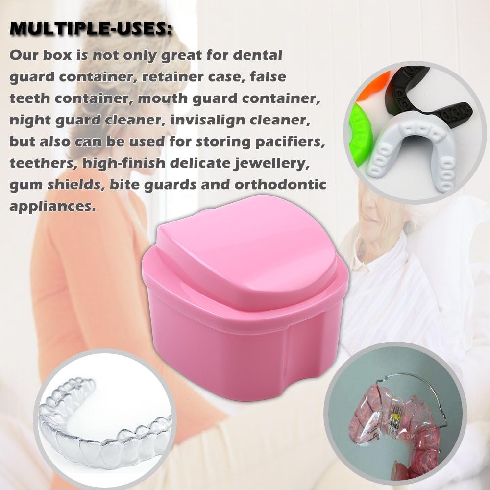 Bearals Denture Box, Denture Cup, Denture Case with Brush, Denture Bath Cleaning Soaking Cup with Strainer, Mouth Guard Night Gum Retainer Container (Pink): Health & Personal Care