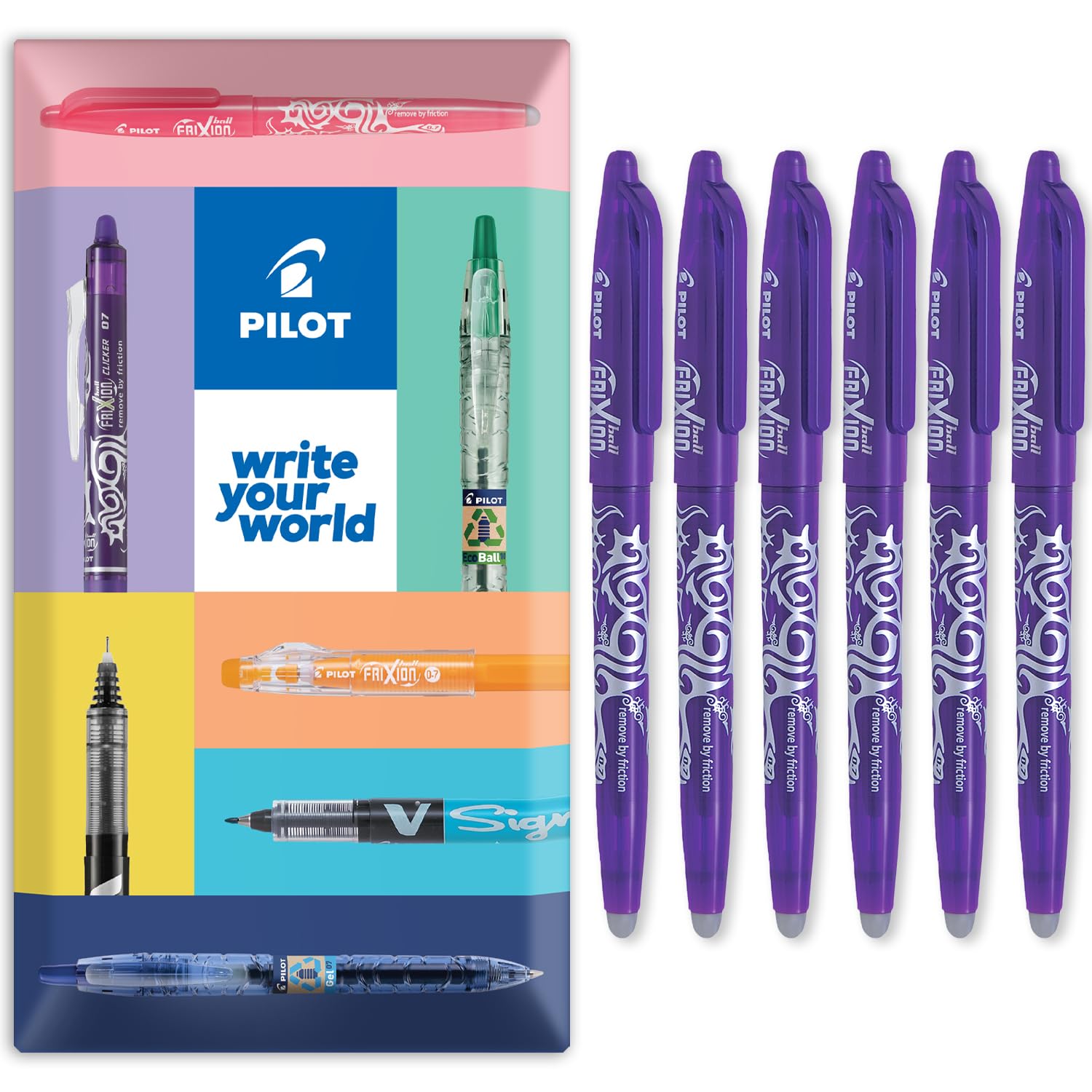 PILOT Frixion Heat/Friction Erasable Rollerball Pen FR7 - Medium Line 0.7mm Tip Nib - In Envelope Gift Packaging - Pack of 6 - Violet