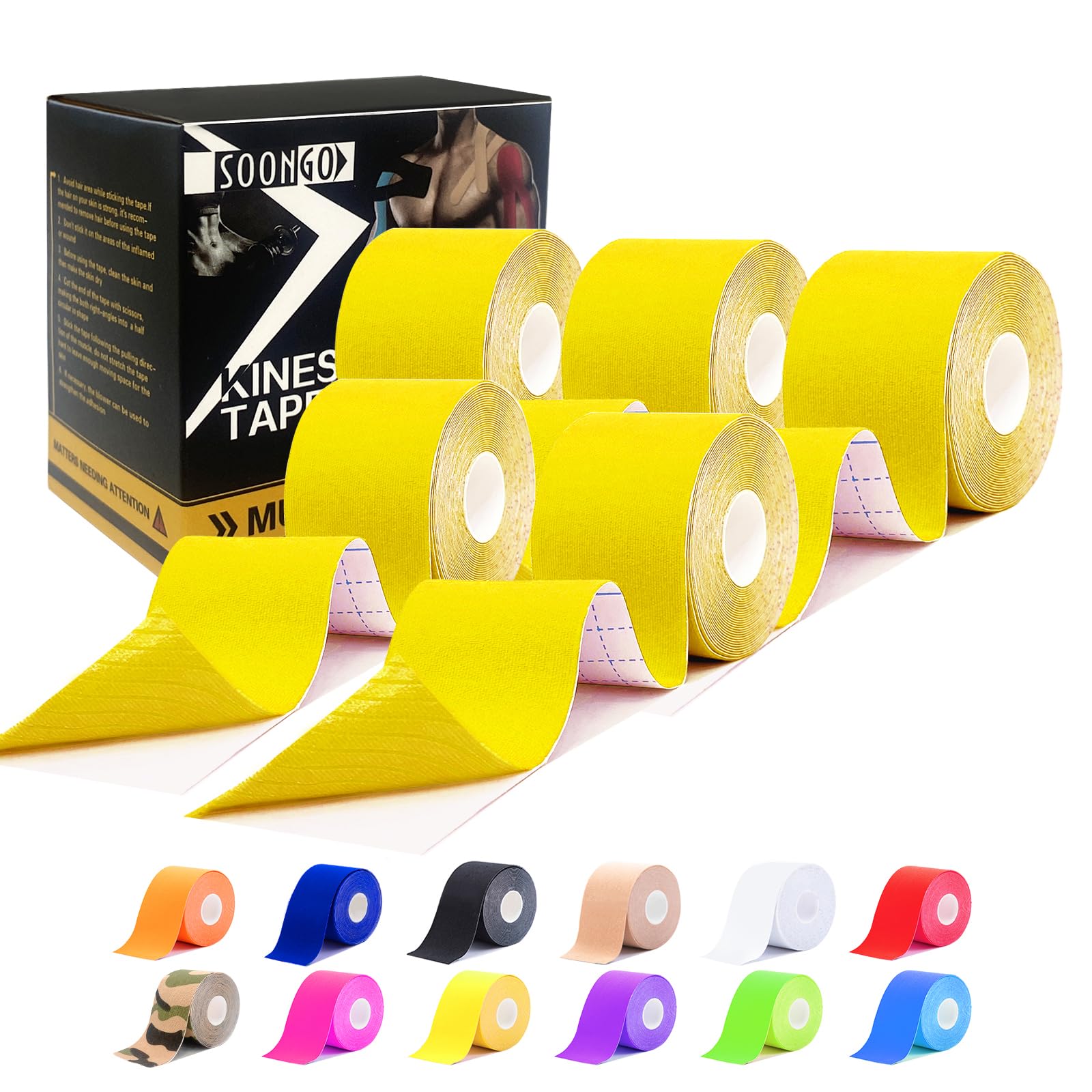 Kinesiology Tape Rock Tape Physio Tape 5m roll, Elastic Therapeutic Sports Tape for Shoulder, Ankle, Elbow, Wrist, Knee Support, Waterproof Physiotherapy Body Tape for Muscle Pain by SOONGO (Yellow)