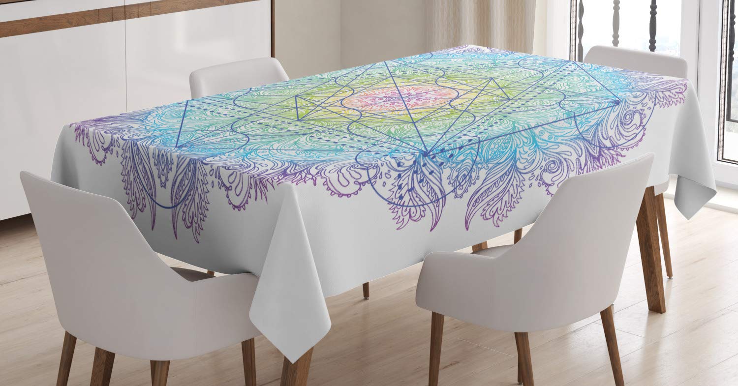 ABAKUHAUS Ethnic Tablecloth, Mandala Round with Geometry Element Metatron Cube Alchemy Theme, Dining Room Kitchen Table Cover, 54" x 78", White Purple Blue