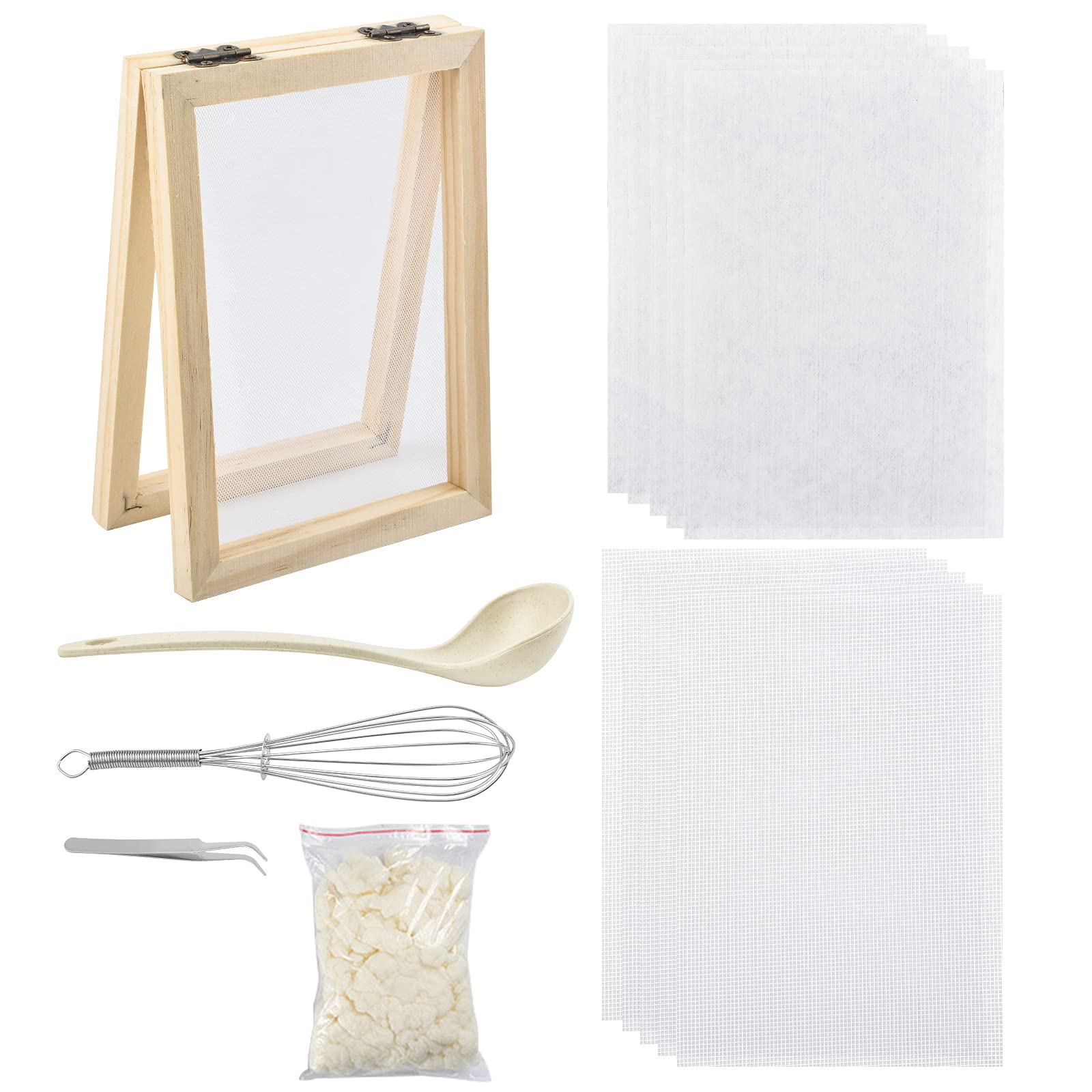 WANDIC Paper Making Kit, Handmade Wooden Paper Making Mould With Spoon & Mesh Cloth & Dewatered Pulp, Frame Paper Making Screen Kit For DIY Paper Art Craft