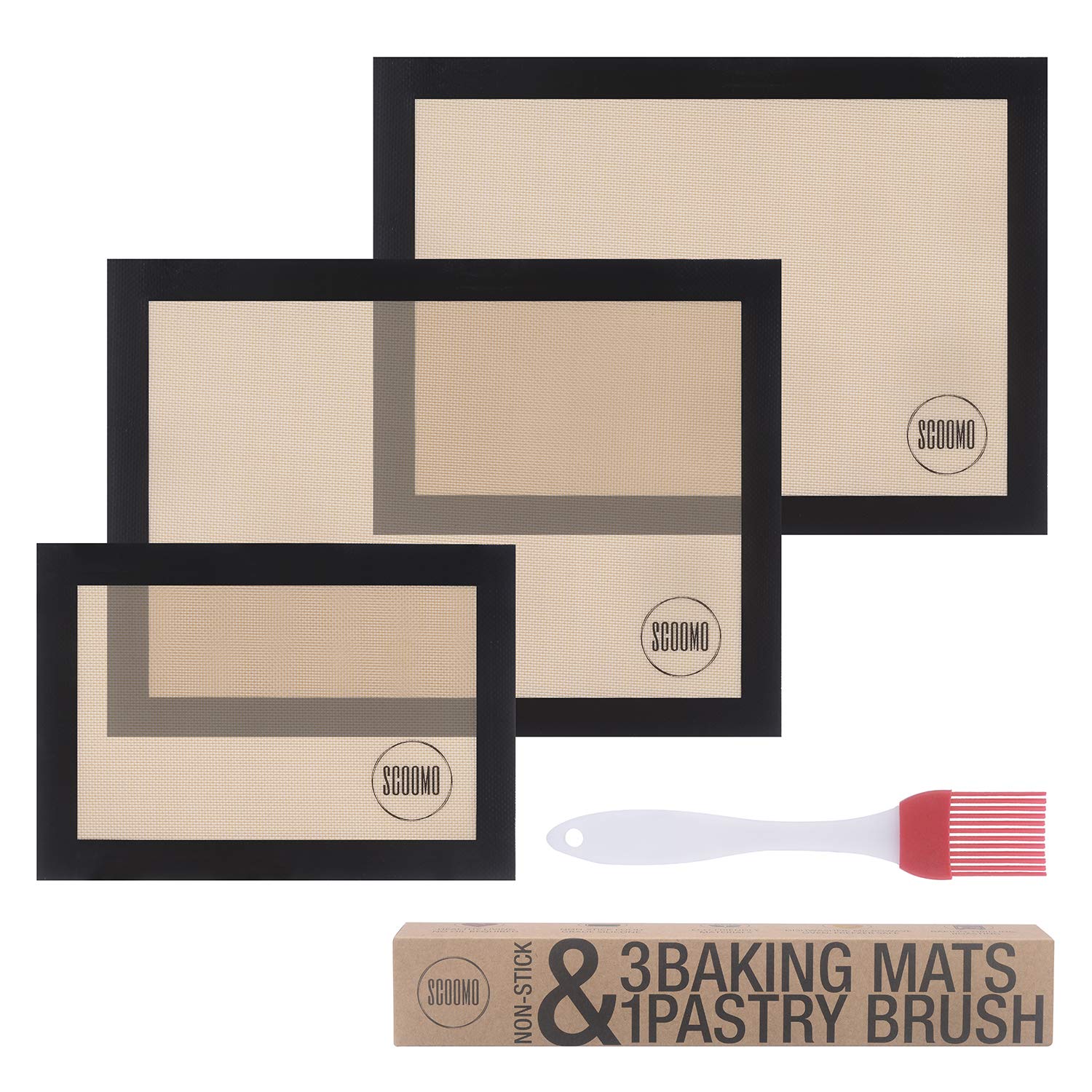 Scoomo Silicone Baking Mat Set of 3 Black | NonStick Washable Reusable Liner Sheets For Amazing Cooking Results Without Oil or Parchment in Oven Tray/Grill + FREE 17cm Pastry Brush | Pro Bakeware