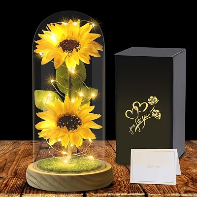 Touloube Sunflower Glass Dome LED Gift for Women Mothers Day Birthday