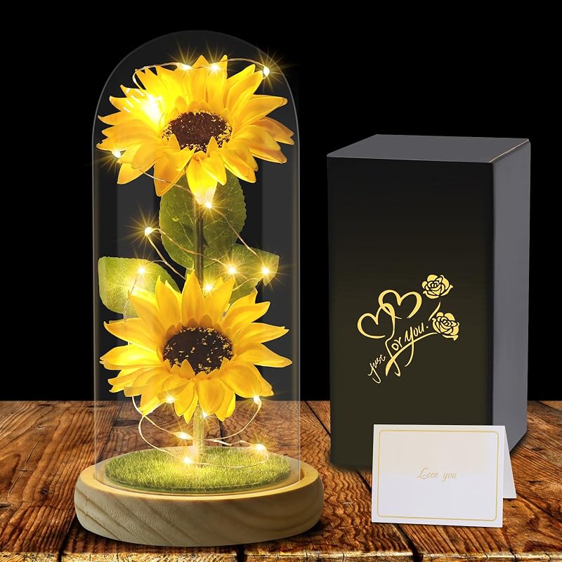 Touloube Sunflower Glass Dome LED Gift for Women Mothers Day Birthday