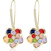JIMARIN 14K Gold Bohemian Sparkly Crystal Flower Dangle Drop Earrings Lightweight Rhinestone Camellia Flower Floral Hoop Earring for Women