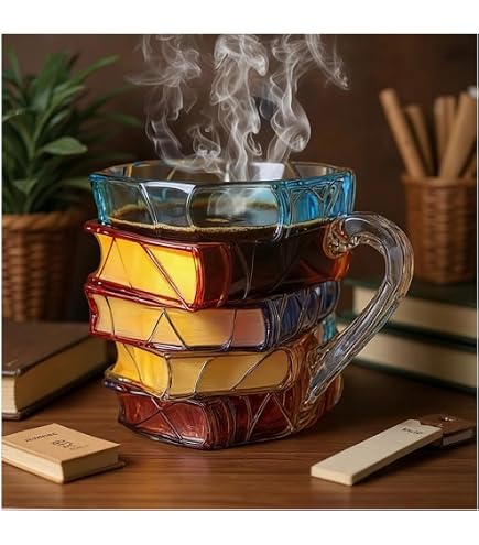 Iiipu Bookhaven Mug, Painted Book Mug Stained Glass, 3D Painted Book Novelty Coffee