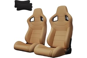 VROOMAUTO Pair of Universal Racing Seats, PVC Leather, Racing Bucket Seats with Dual Sliders, 2 Neck Pillows, Reclinable for Driver and Passenger Side (VR018)