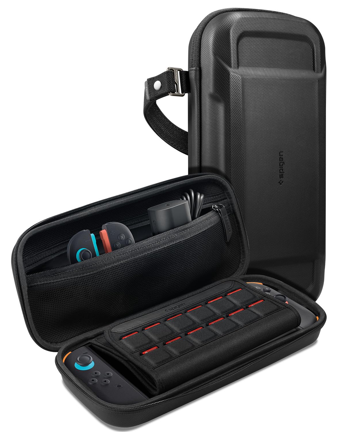Spigen Rugged Armor Pro Carrying Pouch Case for Nintendo Switch 2 (2025), Protective Portable EVA Hard Shell, Pockets for Accessories, 6 Game Cartridges, Charger Storage Bag & AirTag Holder – Black