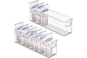 mDesign Plastic Long Stackable Storage Organizer Container, Organization Bin w/Handles for Kitchen, Pantry, Fridge, Freezer, Cabinet, Perfect to Hold Breast Milk - Ligne Collection - 2 Pack, Clear