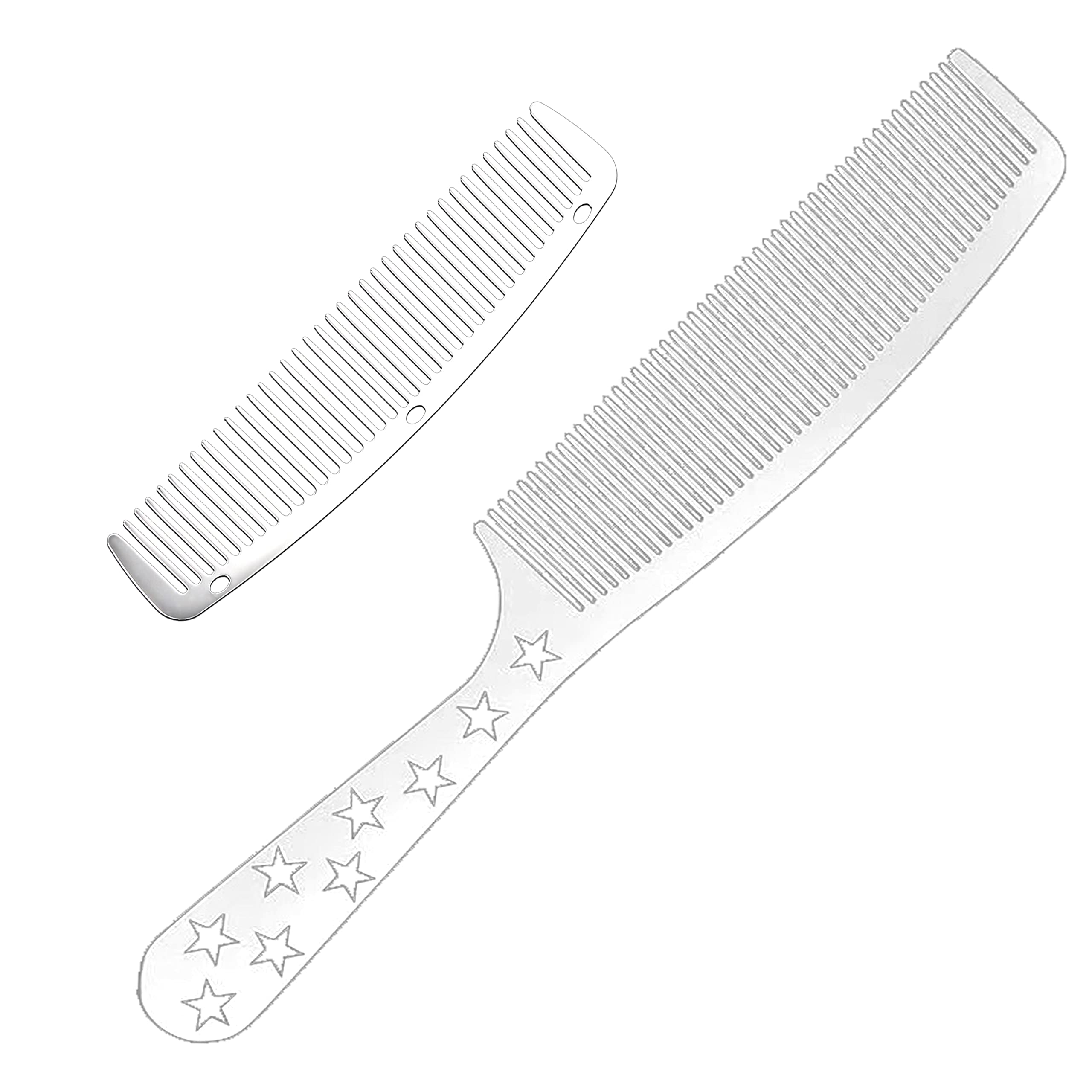 2pcs Metal Anti Static Barber Combs Stainless Steel Hair Comb Cutting Comb set Hair Styling Hairdressing Comb for Men Women Salon (Pocket Comb and handle Rake Combs(pentagram))