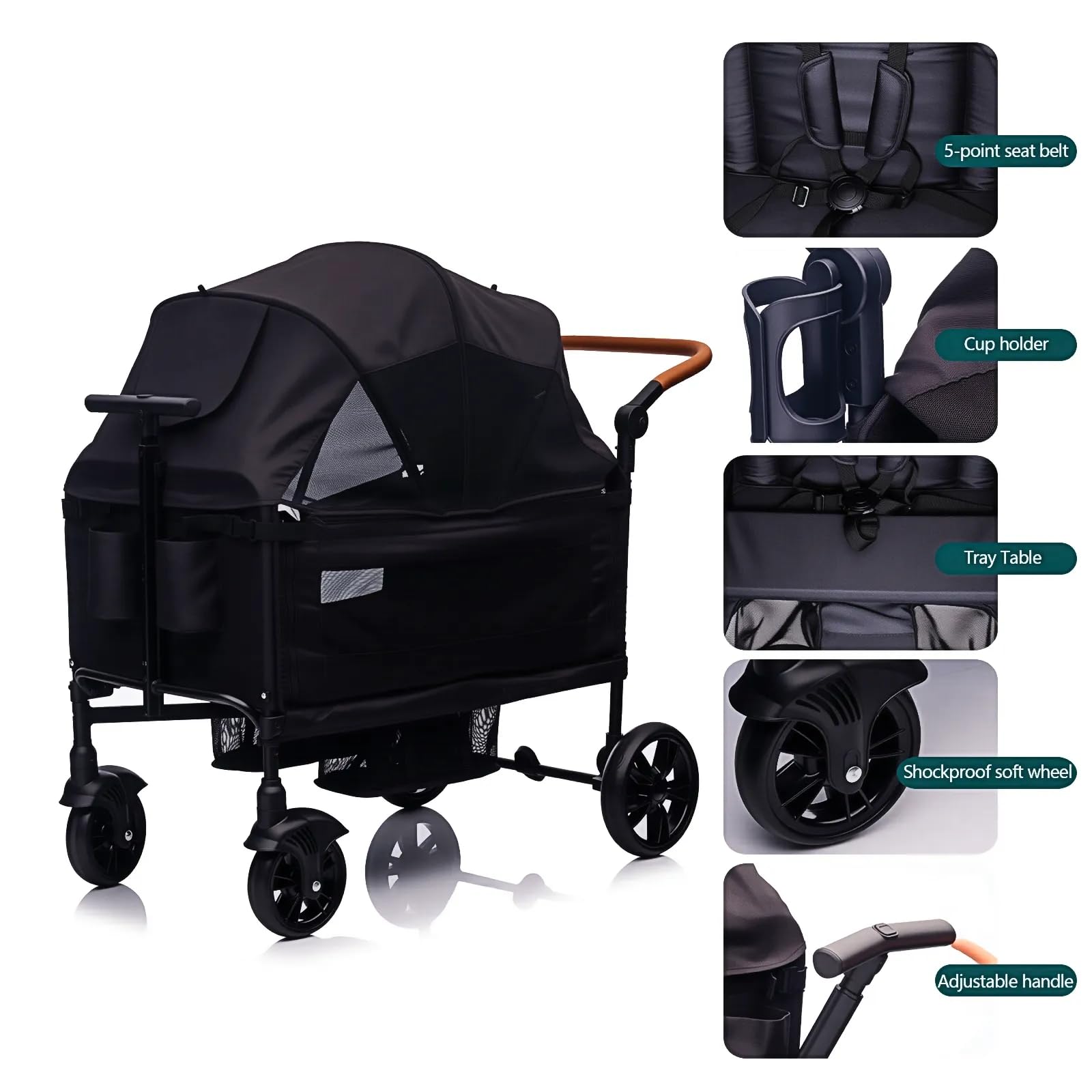 Wagon Stroller for 2 Kids & Cargo-Travel Stroller Push-Pull Double Wagon Lightweight Folding Stroller for Newborn&Toddler with 5-Point Harness,Adjustable Handle Bar and Canopy,Tray Table,Cup Holder