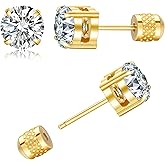 MHWTTY Threadless Stud Earrings for Women, Gold Silver Flat Back Earrings Push in Flatback Studs with 3-8mm CZ for Men Trendy Surgical Steel Hypoallergenic Comfortable