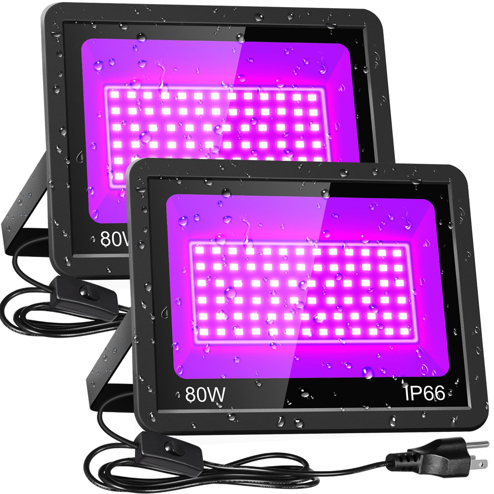 Photo 1 of JNGMAIR 80W Black Light Flood Light, IP66 Outdoor Blacklight Floodlight with Switch + Plug +Cord, Waterproof LED Blacklights for Glow Party, Body Paint, Fluorescent Poster, Halloween, 2 Pack
