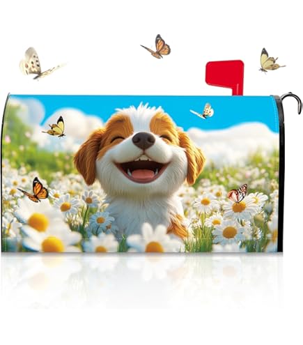 Texupday Cute Dog & Floral Print Mailbox Cover – Standard 21" X 18" Magnetic Wrap For Spring/Summer, Weatherproof 300D Polyester, Easy On/Off For Garden & Yard Decor