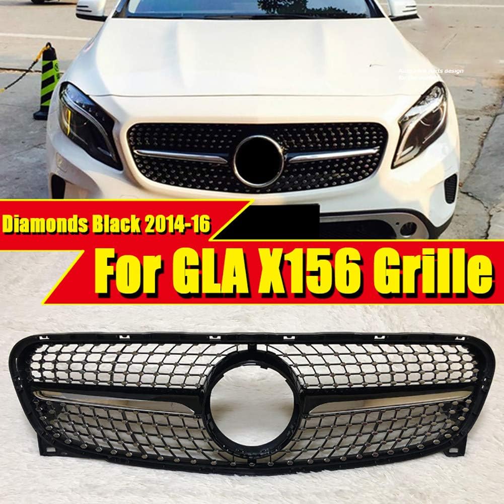 LSYBB Diamonds Grille Grill ABS Look Front Grill for Mercedes GLA Class Sport X156 GLA180 200 250 GLA45 2014-2016 Gloss Black Without Sign