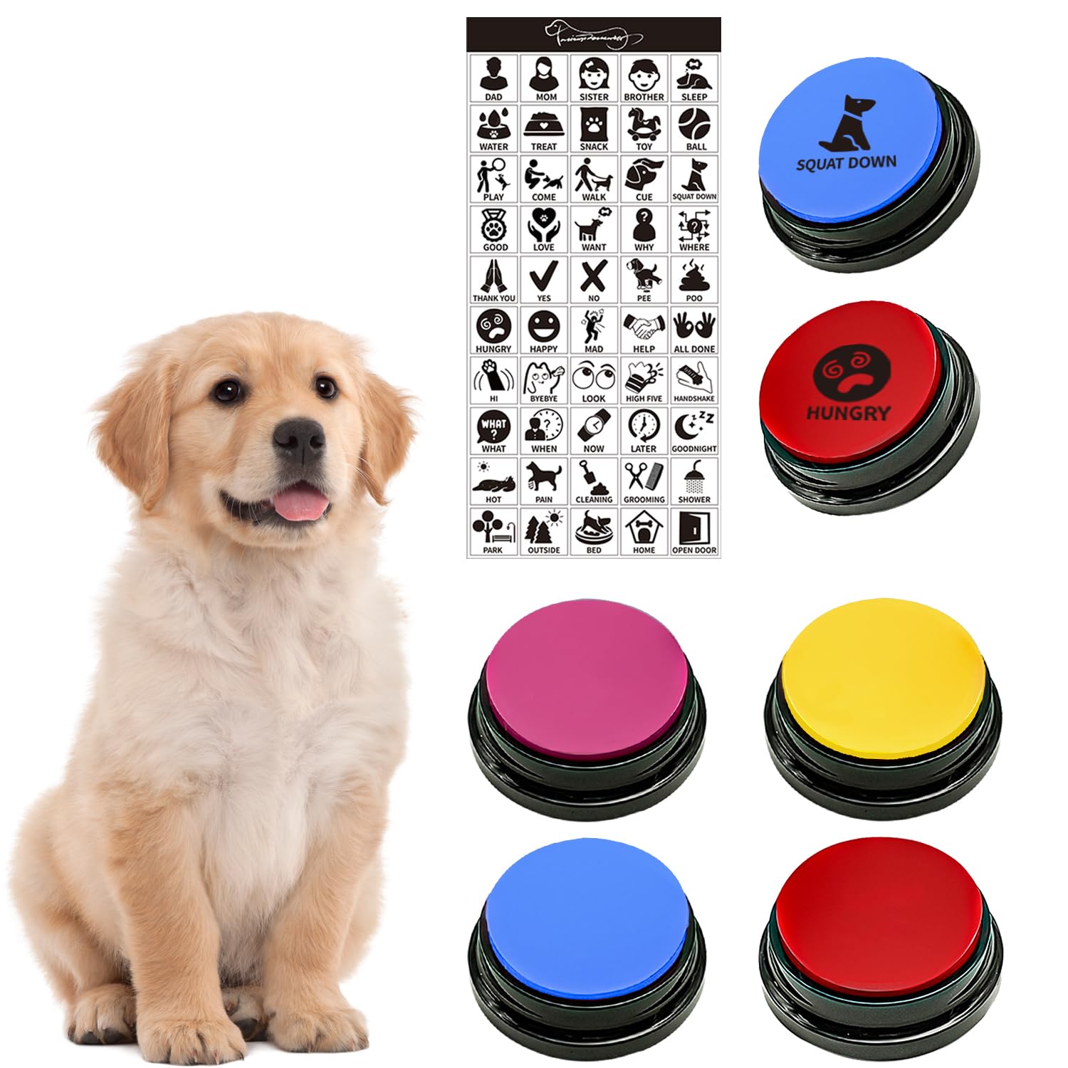 MMGGAISH 4 piece talking dog button set, dog button to talk to your dog, 30 second recordable voice, pet buzzer trainer button with instructions and 50 stickers