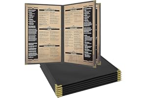 Goodsmart Pajco Style Restaurant Menu Covers – Pack of 10, Side-Loading Menu Holders, Single Stitched Edge, Clear Vinyl Menu Sleeves, Leatherette Trim, Gold Corners, Black, 4 View (8.5" x 14")