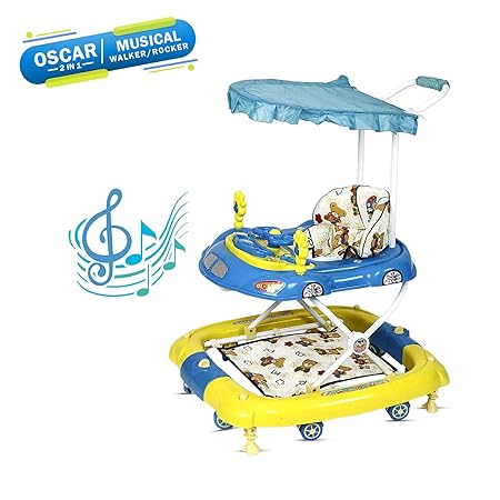 Dash Oscar 2 in 1 Musical Baby Walker Cum Rocker with rattles, conopy, Parental Handle and Adjustable Height for 6-12 Months Baby boy and Girl (Blue)