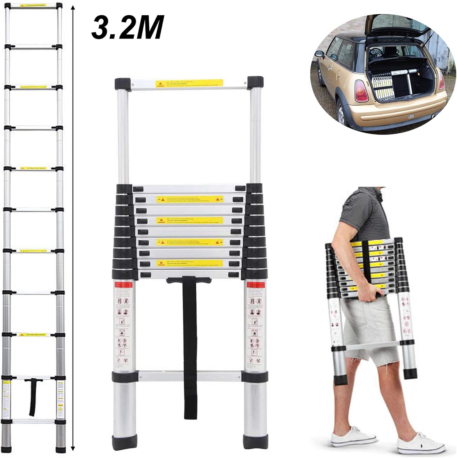 3.2M Extension Attic Ladder Telescopic Steps Aluminim 10.5ft Extend
