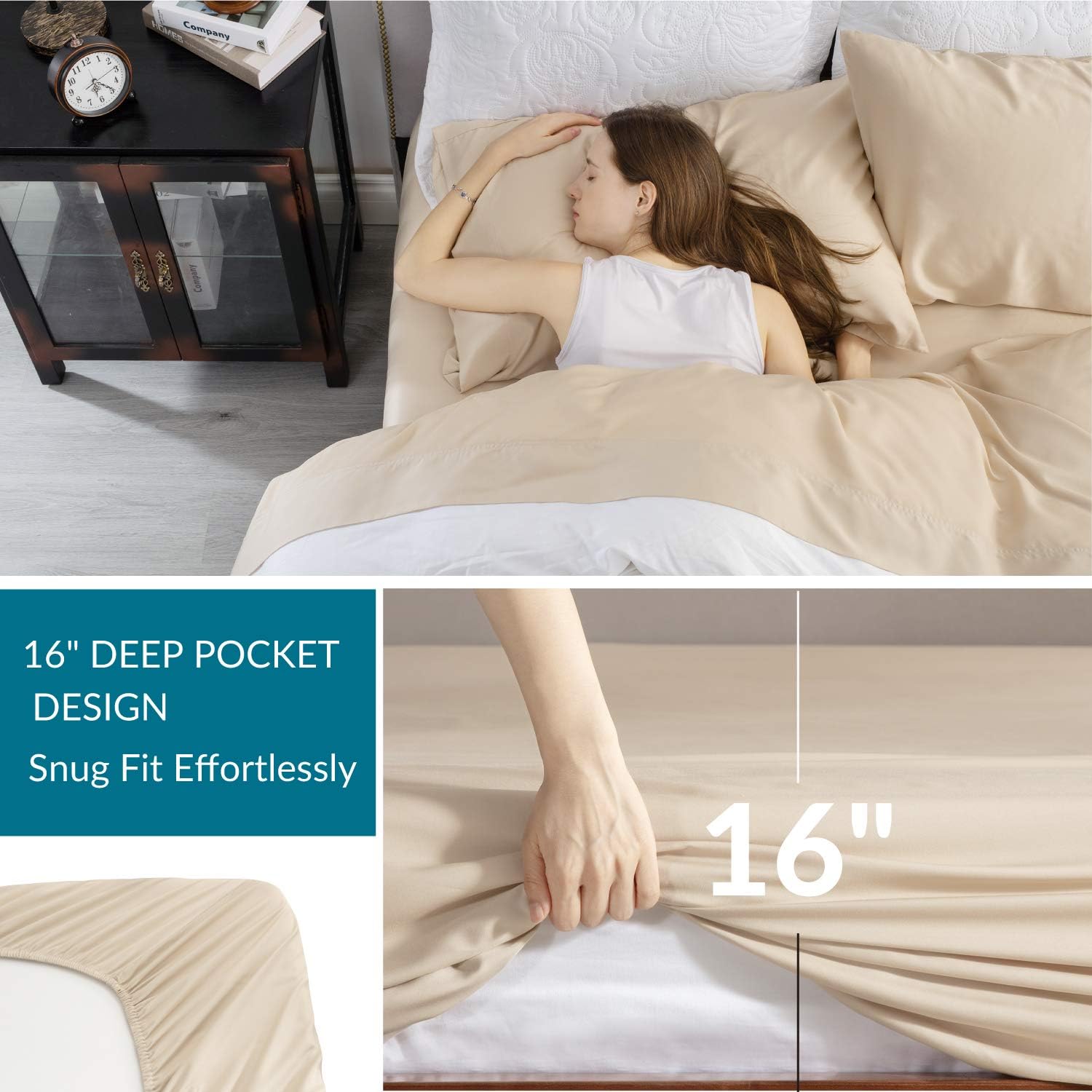 Bedsure 100% Bamboo Sheets Twin Size Cooling Sheets Deep Pocket Bed Sheets-Super Soft Hypoallergenic,Breathable - 3 Pieces 1 Fitted Sheet with 16 Inches, 1 Flat Sheet, 1 Pillowcases-Beige: Home & Kitchen