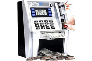 Fishboy ATM Piggy Bank for Kids with Power-Off Memory and Debit Card for Real Money, Onekey Shutdown, Coin Recognition, Target Setting, Bill Feeder, Balance Calculator, Savings Machine Box